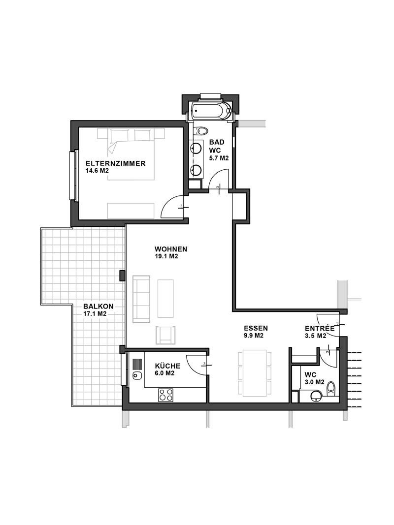 2 1/2-Zimmer Wohnungen Grundriss Typ 11 2 1/2-Zimmer Wohnungen Grundriss Typ 11