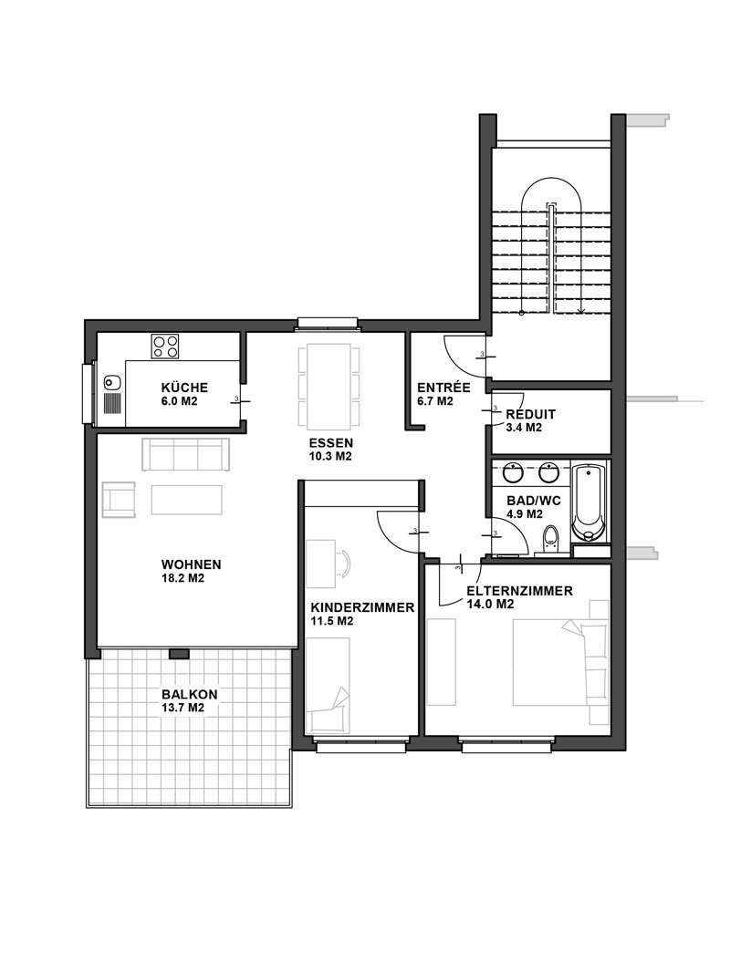 3 1/2-Zimmer Wohnungen Grundriss Typ 6 3 1/2-Zimmer Wohnungen Grundriss Typ 6